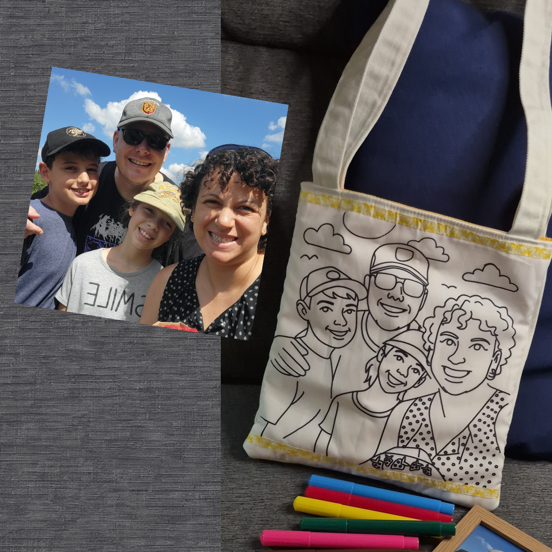 ecobag pinta e lava com foto da familia, atelier recolorir, liliane carvalho